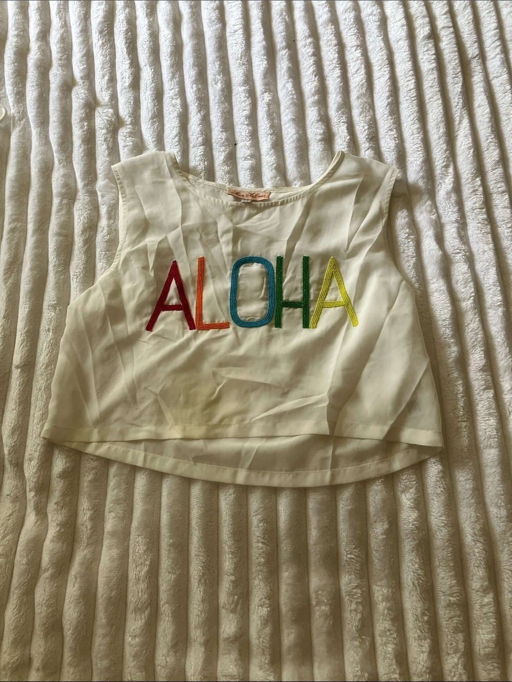 Mara Hoffman White Cropped Top with Multicolor ALOHA Embroidery